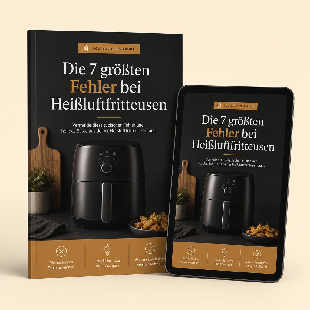 Vorschau auf den kostenlosen Report Die 7 größten Fehler bei Heißluftfritteusen & wie du bessere Ergebnisse erzielst als PDF und auf einem Tablet